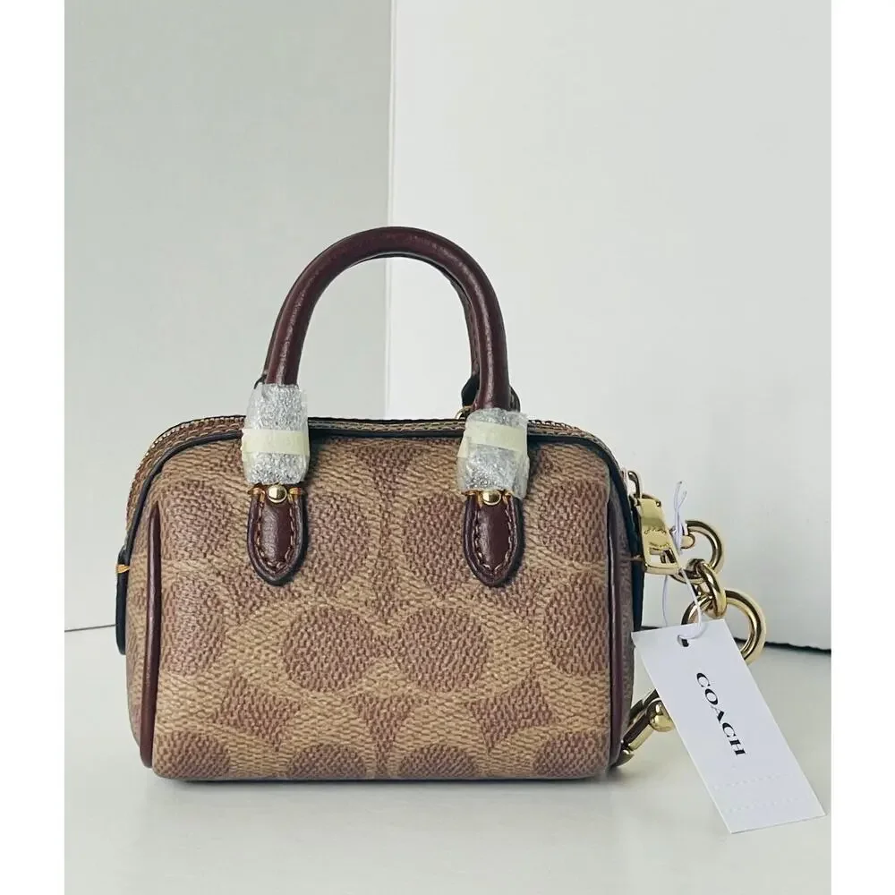 Coach Mini Rowan Bag Charm Brown Signature Canvas Leather Gold CX068
